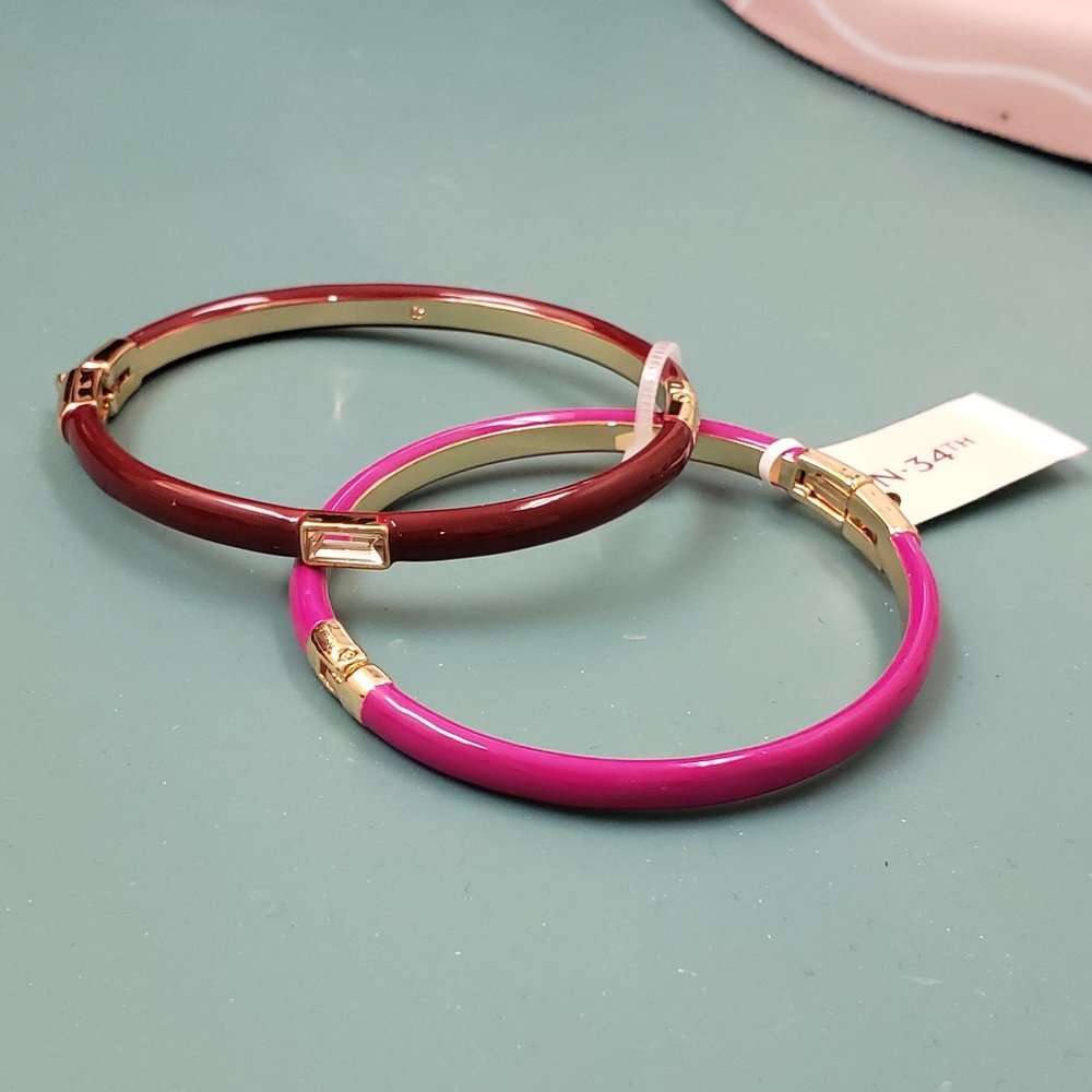 ON 34th, NWT, 2 Enamel gold tone, pink purple hinged bangle bracelets